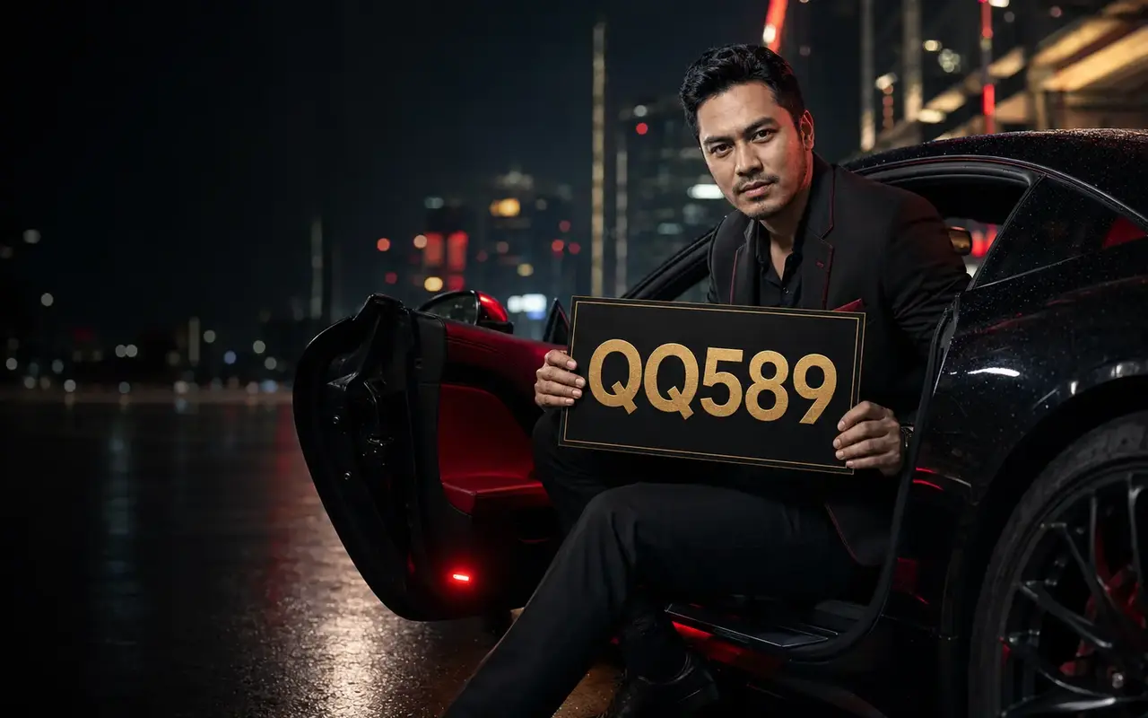 Presenter Indonesia duduk di mobil sport sambil memegang banner QQ589